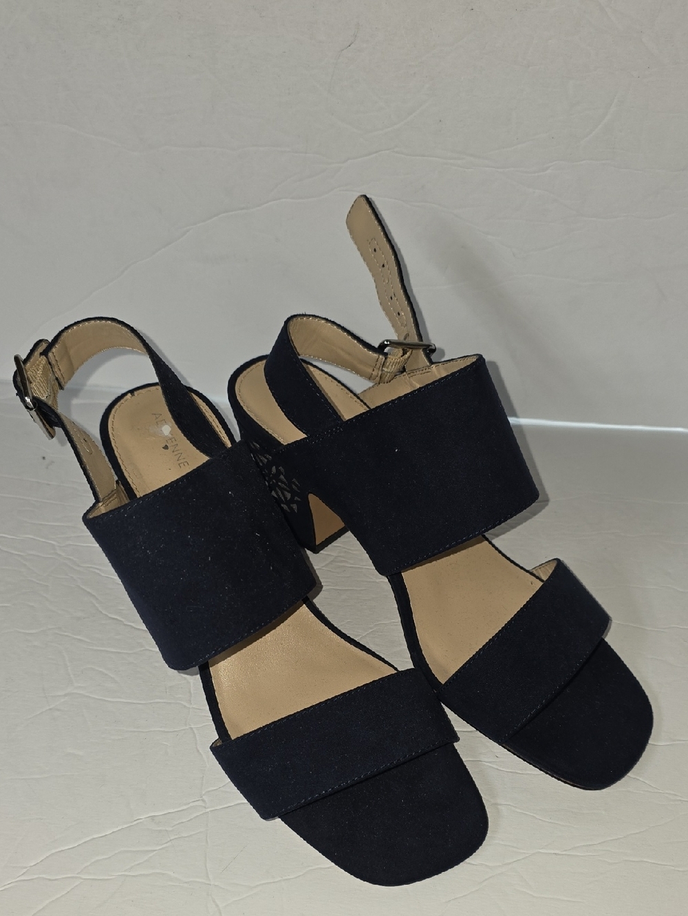 Adrienne Vittadini Navy Wide-Strap Block Heel Sandals